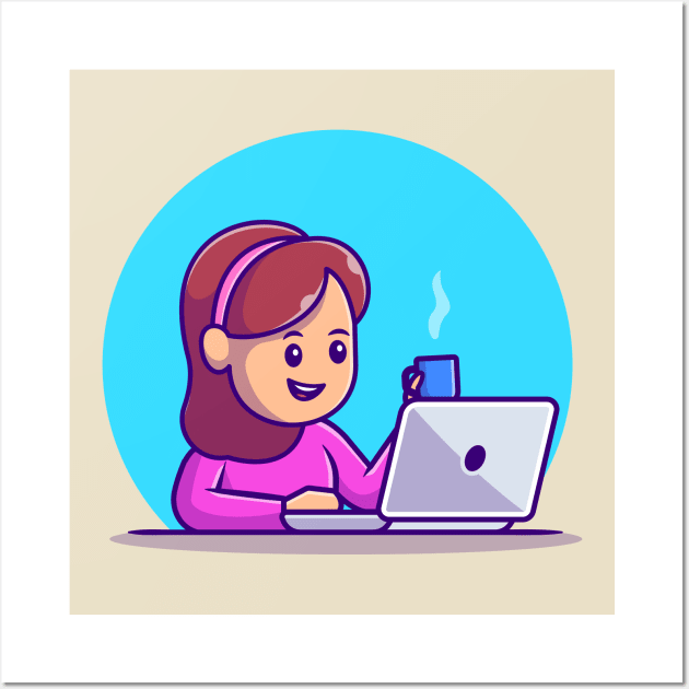 Cute Girl Working On Laptop With Cup Coffee Wall Art by Catalyst Labs